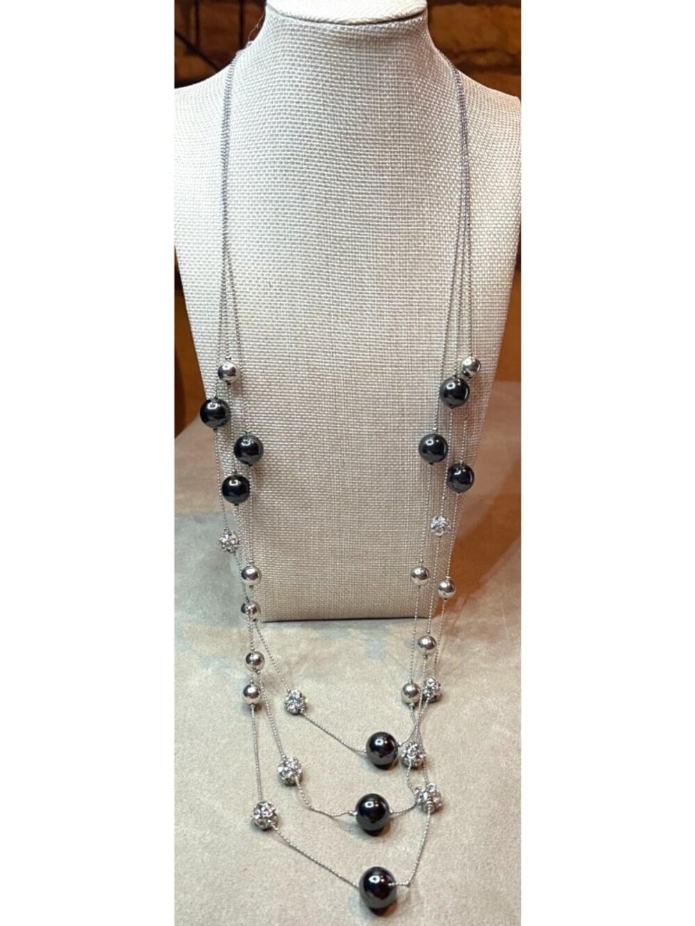 Express Long Layered Multi Strand Silver Tone Necklace Crystal Pave Beads